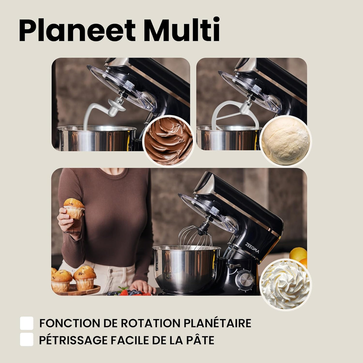 ZEEGMA PLANEET MULTI Robot Planétaire 1900W 3-in-1, Robot de Cuisine Multifonction avec bol de 6,2 L, Poignée et Couvercle, Gobelet Mixeur, Hachoir 6 Vitesses