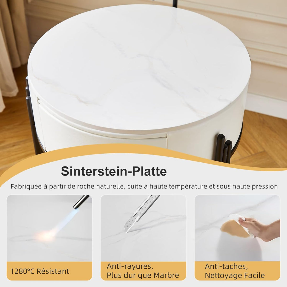 Coiffeuse avec Miroir LED, Pierre Sinterisée et Simili Cuir, Coiffeuse avec Tiroirs et Tabouret, pour Chambre, Design Moderne, Blanc