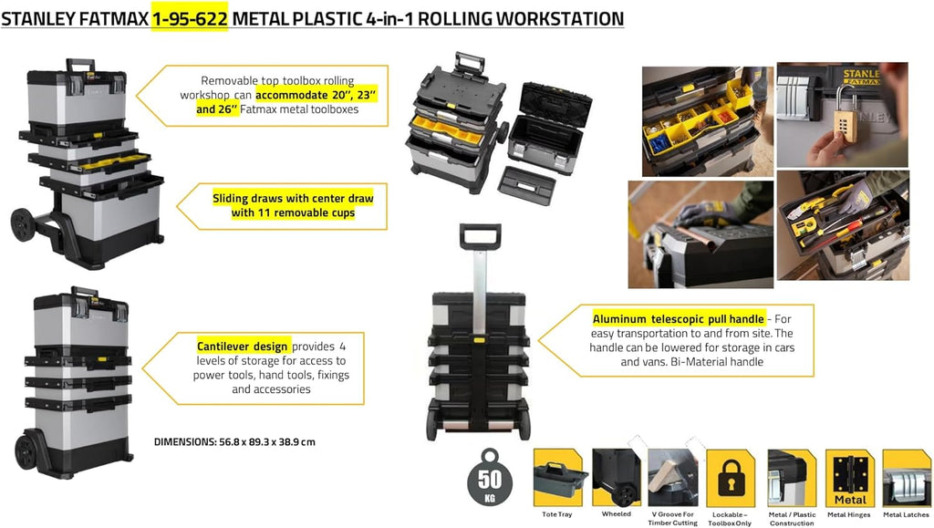 STANLEY FATMAX Rolling Workshop, 4-en-1 Units including Removable Toolbox, Durable Metal and Plastic, Mobile Workstation, 1-95-622