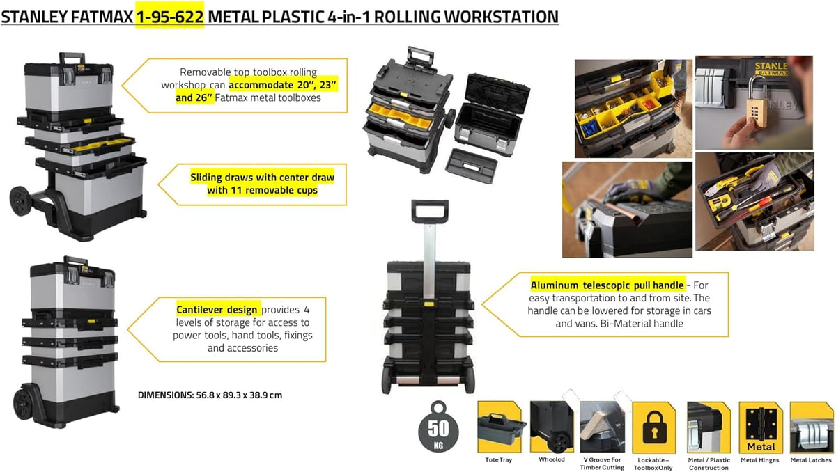 STANLEY FATMAX Rolling Workshop, 4-en-1 Units including Removable Toolbox, Durable Metal and Plastic, Mobile Workstation, 1-95-622