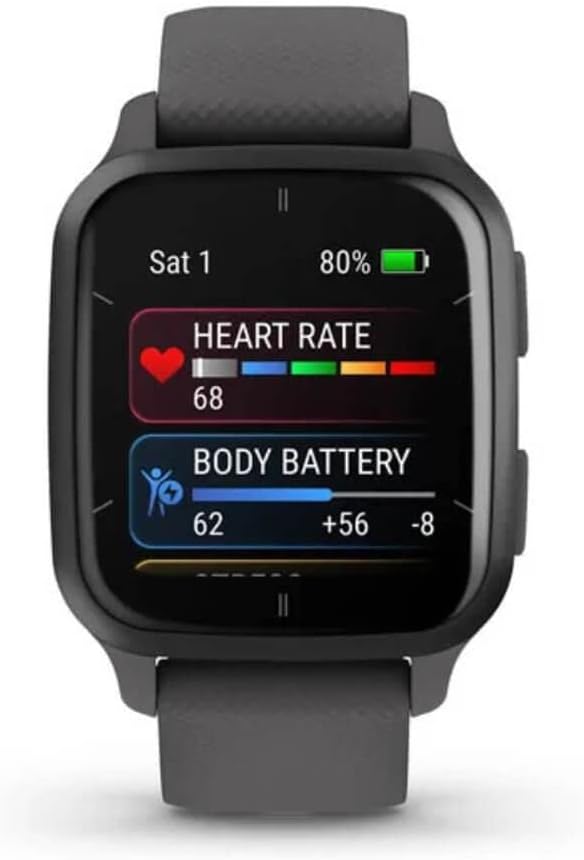 Venu Sq 2 - Montre connectée GPS Multisports avec écran AMOLED et Suivi santé - Gray avec Bracelet Gris foncé - Boîtier 40 mm Noir