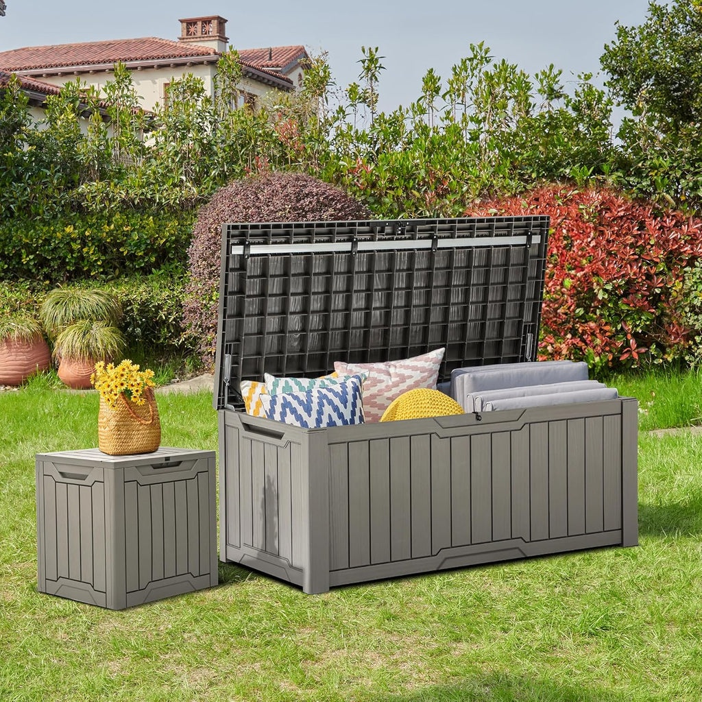 YITAHOME Coffre de Rangement Extérieure de 450L, Grand Rangement de Terrasse en résine Pour oreiller Extérieur, Outils de Jardin et Fournitures de Piscine, étanche, Verrouillable, Marron Clair