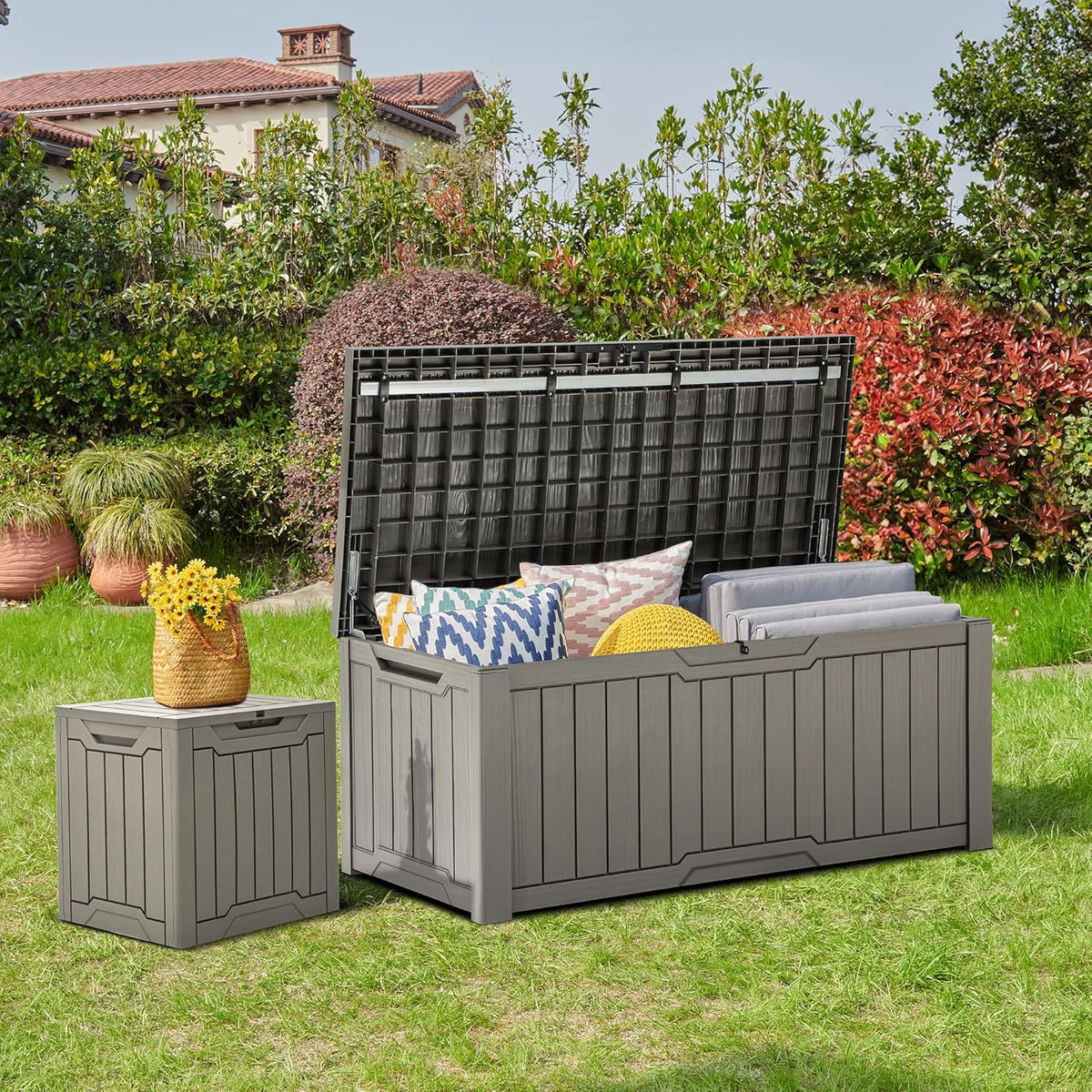 YITAHOME Coffre de Rangement Extérieure de 450L, Grand Rangement de Terrasse en résine Pour oreiller Extérieur, Outils de Jardin et Fournitures de Piscine, étanche, Verrouillable, Marron Clair