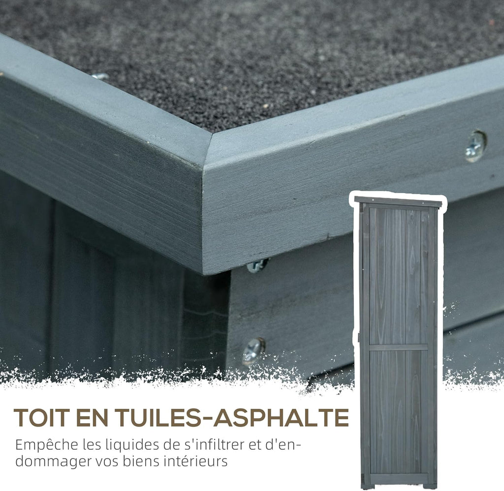 Outsunny Abri de Jardin abri à Outils sur Pied en Bois 2 étagères Portes à Volets Toit en Bitume incliné 87 x 47 x 160 cm Gris