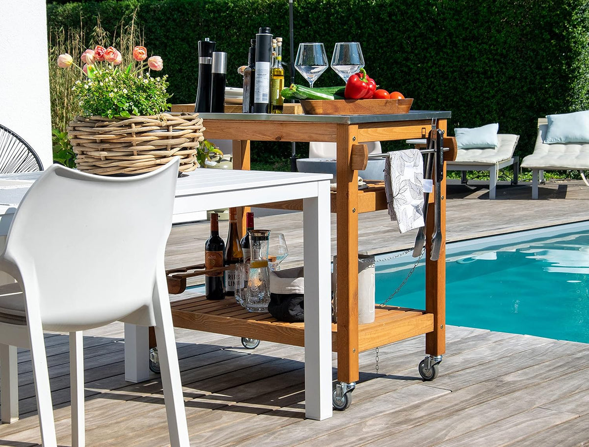 dobar 35540FSCe Desserte à roulettes d'extérieur avec Plateau en Acier Inoxydable 94 x 58 x 90 cm Pin Marron
