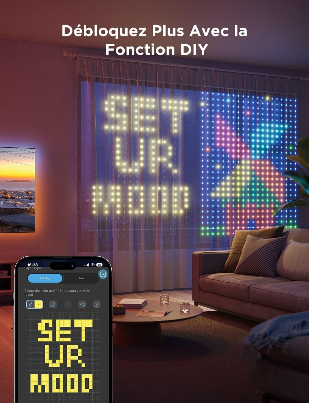 Govee Curtain Lights 3 × 2 m, Rideau LED Intelligent avec GIF DIY, 1040 RGBIC LEDs, Décoration Dynamique Intelligente, IP65 Max Etanche, Compatible avec Alexa, Décoration de Noël, (3 x 2 m)