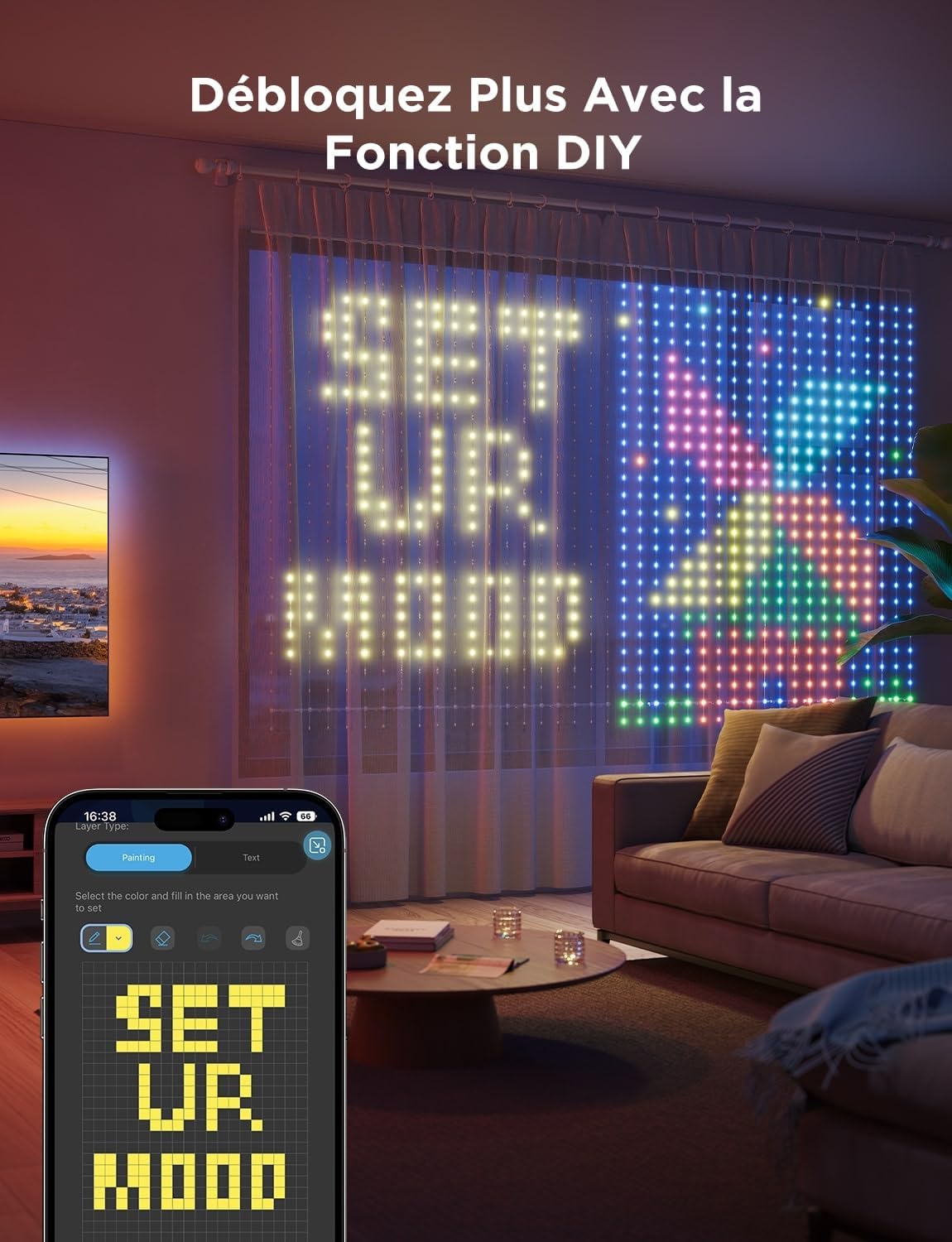 Govee Curtain Lights 3 × 2 m, Rideau LED Intelligent avec GIF DIY, 1040 RGBIC LEDs, Décoration Dynamique Intelligente, IP65 Max Etanche, Compatible avec Alexa, Décoration de Noël, (3 x 2 m)
