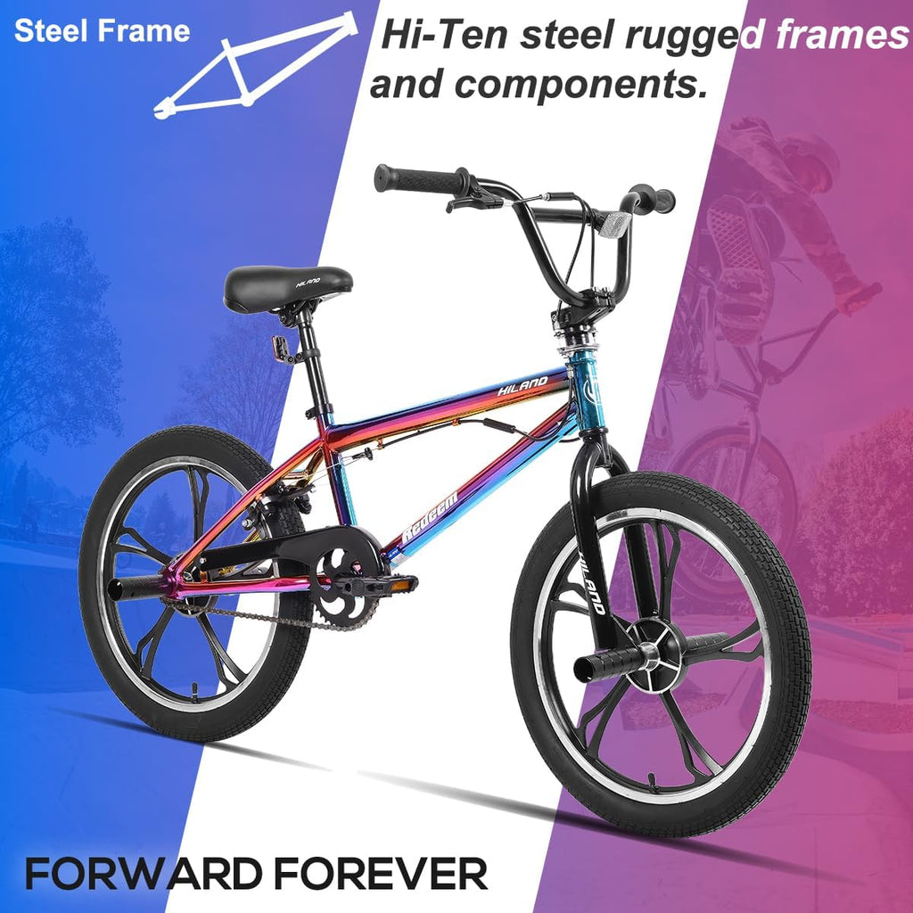 HILAND Vélo BMX 20 Pouces, 5 Rayons, Rotor 360°, Freestyle, 4 pegs, Convient aux Jeunes pour l'entraînement et Les Cascades, Couleur
