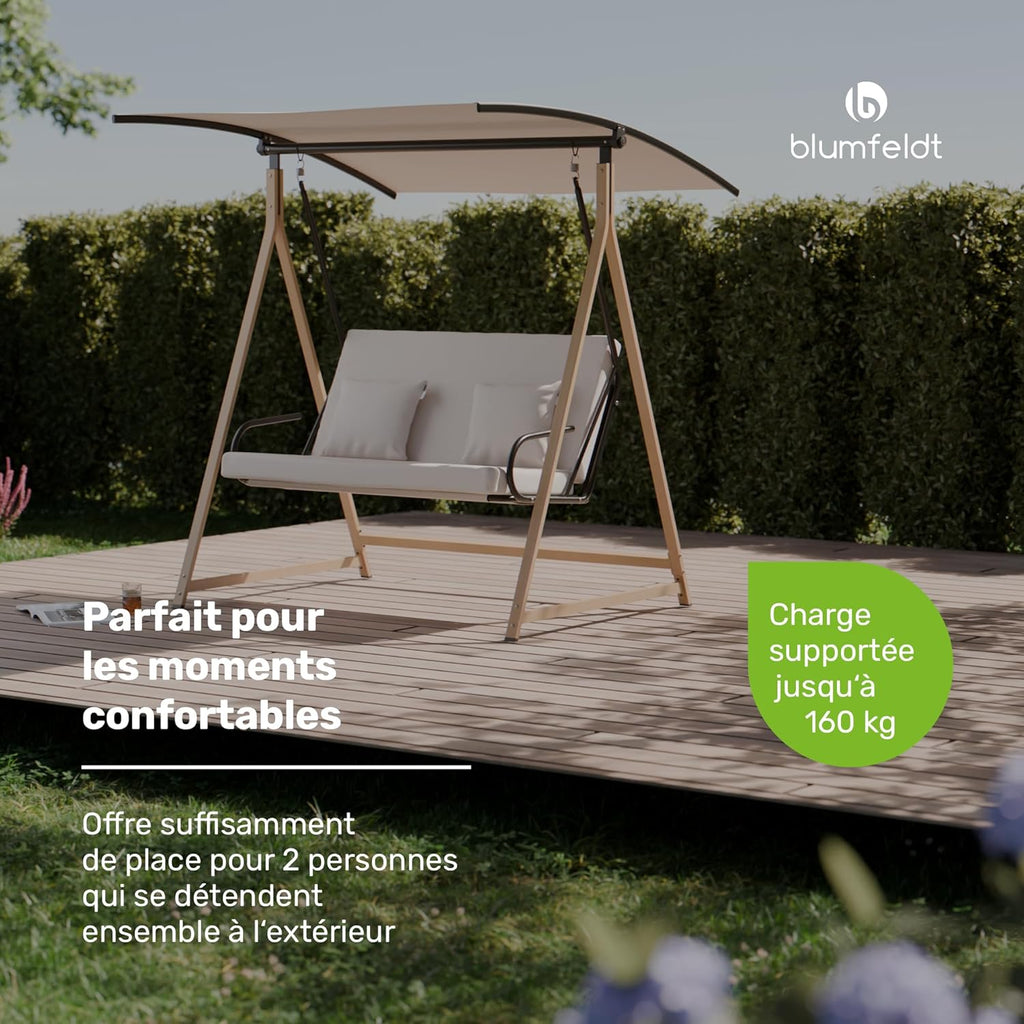 blumfeldt ZenGrove Balancelle Jardin - 2 Places Extérieur avec Toit Réglables, Cadre Acier 160kg, Coussin Épais, Résistant Intempéries