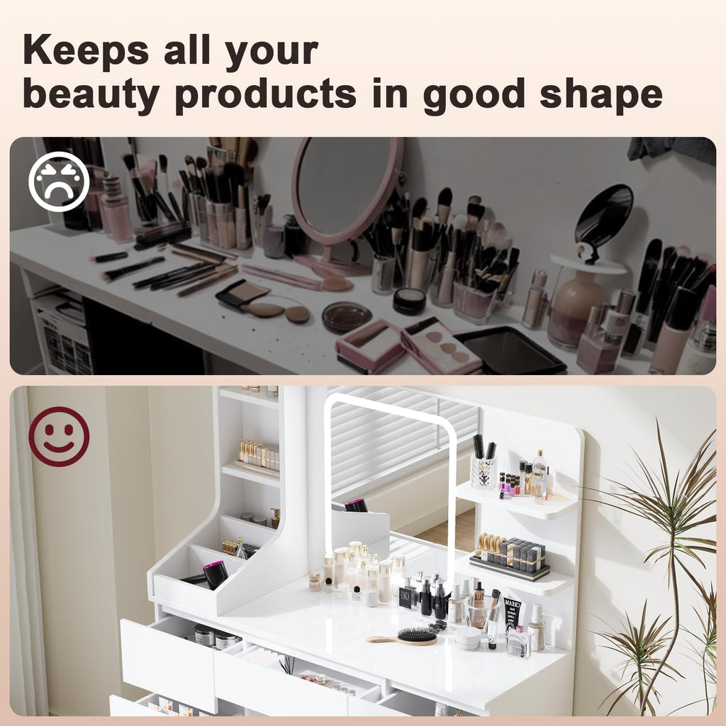 Devoko Coiffeuse LED avec 7 Grands Tiroirs, 3 Couleurs avec Luminosité Réglable, Table de Maquillage, Coiffeuse avec Miroir pour la Chambre à Coucher Blanc