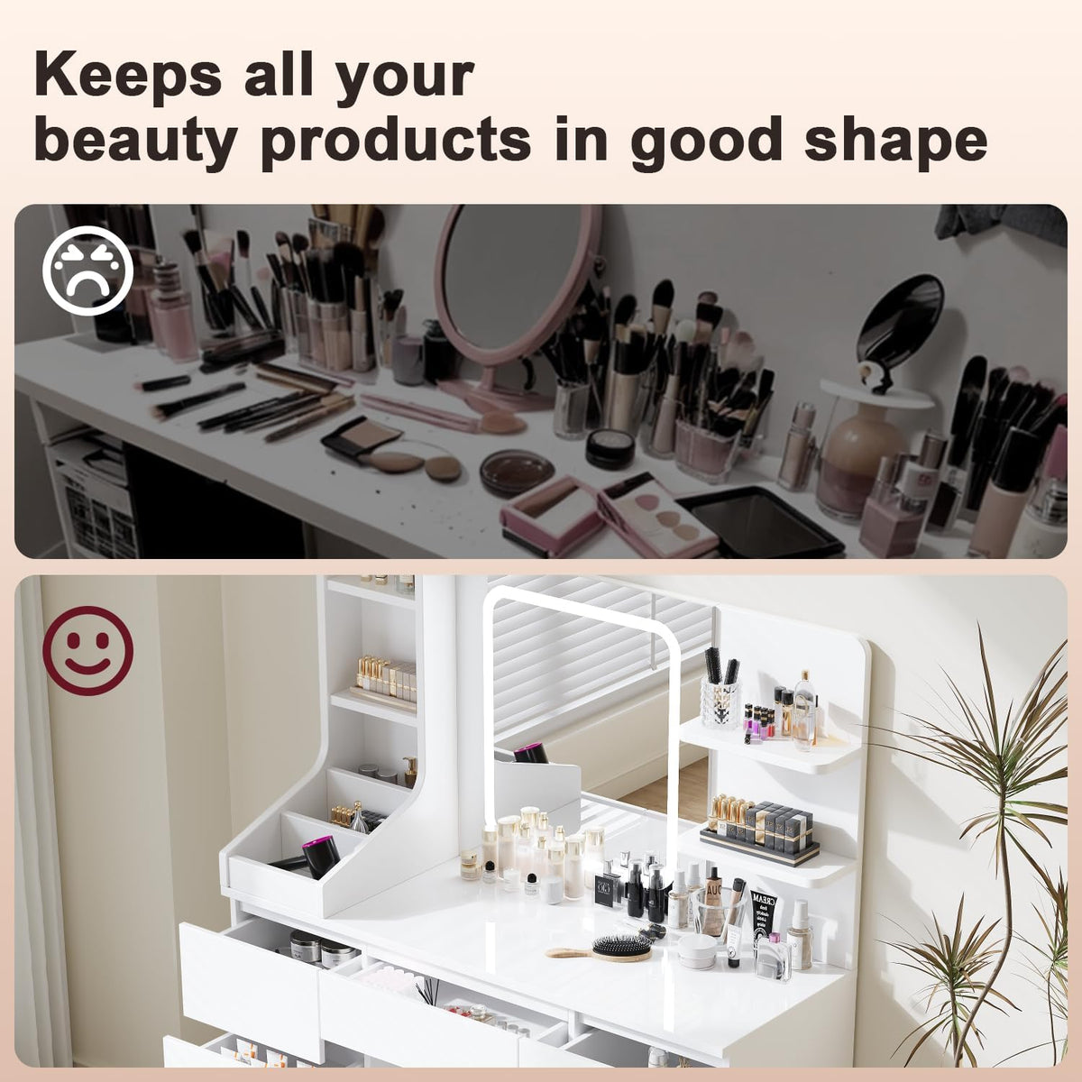 Devoko Coiffeuse LED avec 7 Grands Tiroirs, 3 Couleurs avec Luminosité Réglable, Table de Maquillage, Coiffeuse avec Miroir pour la Chambre à Coucher Blanc