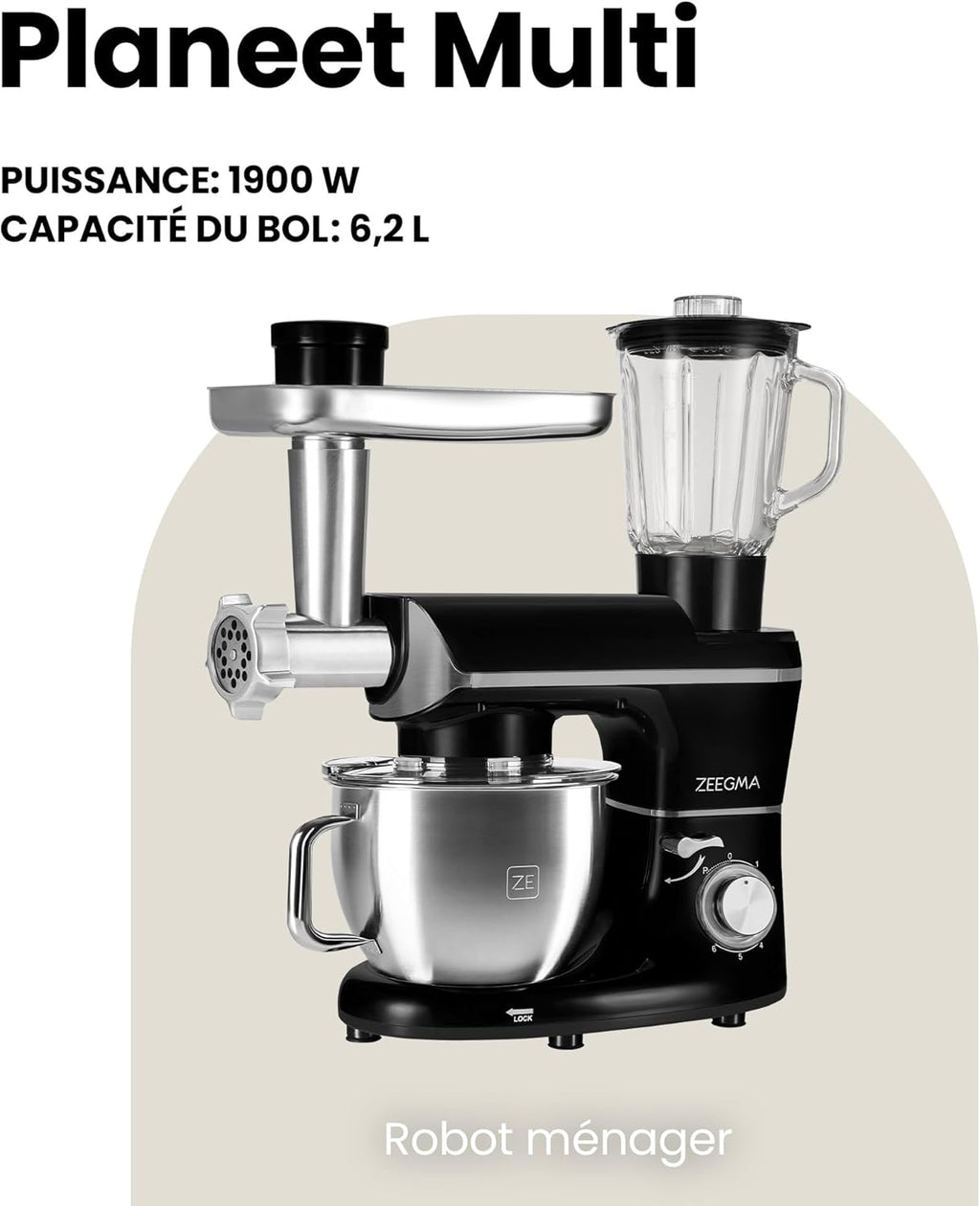 ZEEGMA PLANEET MULTI Robot Planétaire 1900W 3-in-1, Robot de Cuisine Multifonction avec bol de 6,2 L, Poignée et Couvercle, Gobelet Mixeur, Hachoir 6 Vitesses