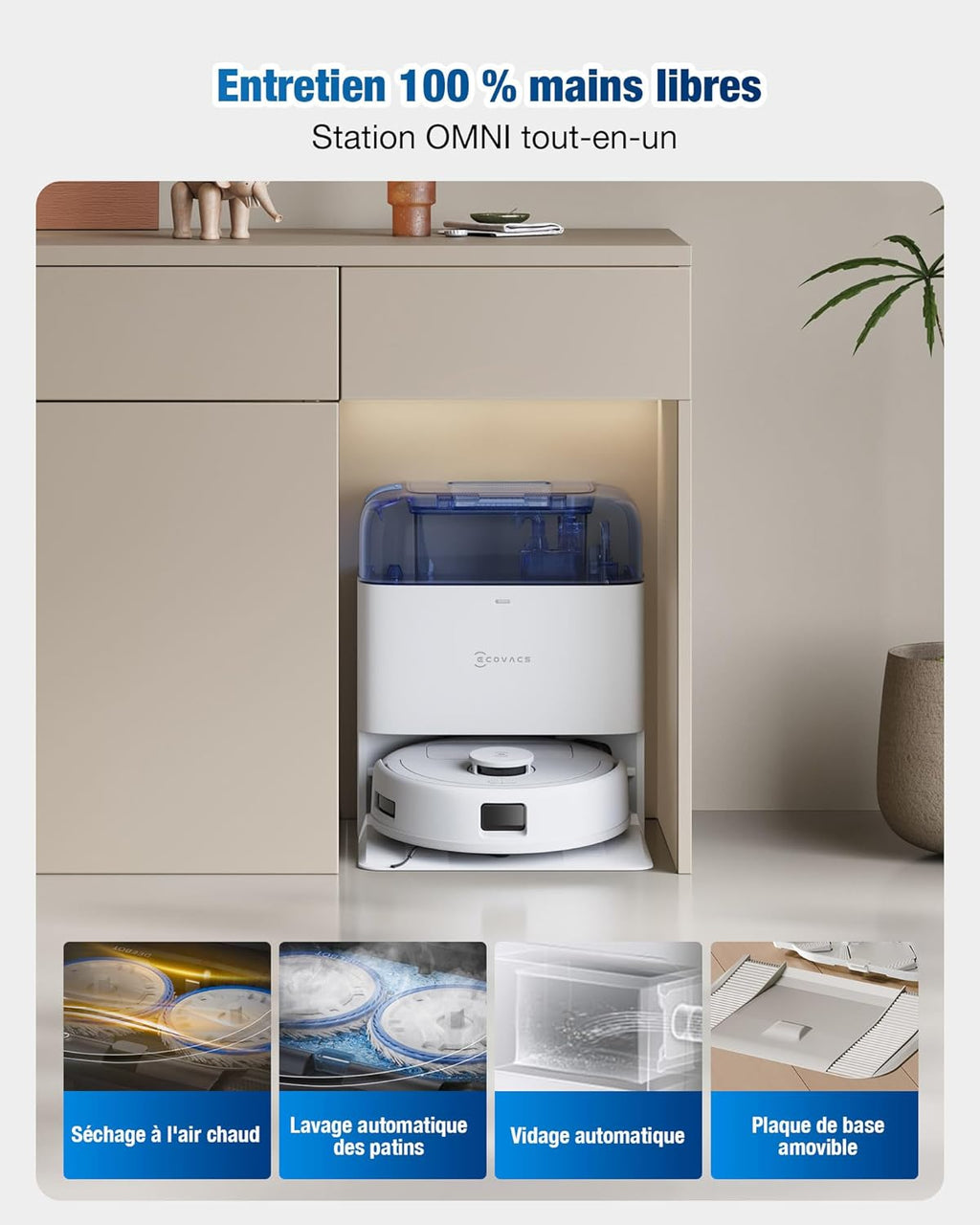 ECOVACS DEEBOT Mini Aspirateur Robot, Aspiration 9 000 Pa, ZeroTangle 2.0, TrueMapping 2.0, séchage à 45 ℃, vidage Auto, Lavage Intelligent en Profondeur, Nettoyage Auto en Un clic, Bleu