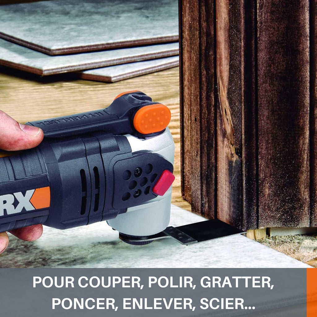 WORX Outil Multifonctions Sonicrafter F50 450W WX681, Pour Couper, Polir, Poncer, Gratter, Enlever, Multimatériaux, Accessoires universels, Livré Avec Coffret de Rangement et 39 Acessoires