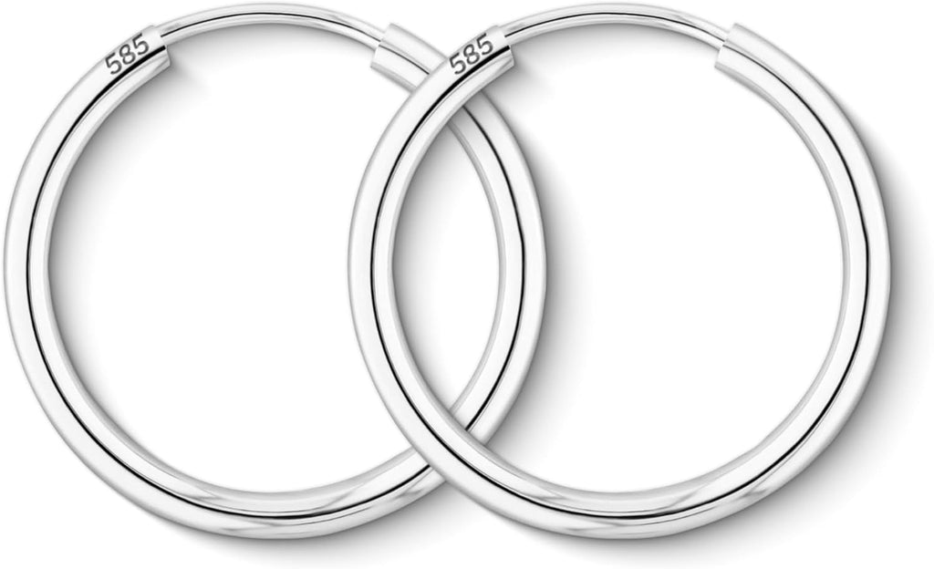 Boucles D'Oreilles Rondes Classiques Or Blanc 585/1000 Petites Créoles pour Femme - Diamètre 20 mm, Largeur 2 mm