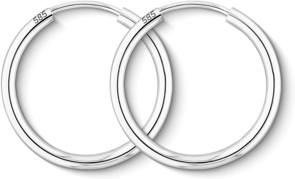 Boucles D'Oreilles Rondes Classiques Or Blanc 585/1000 Petites Créoles pour Femme - Diamètre 20 mm, Largeur 2 mm