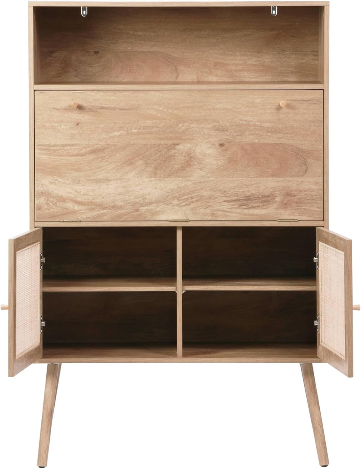 sweeek - Bureau secrétaire. 2 Portes en cannage. étagères. décor Bois. Pieds en Bois de Sapin