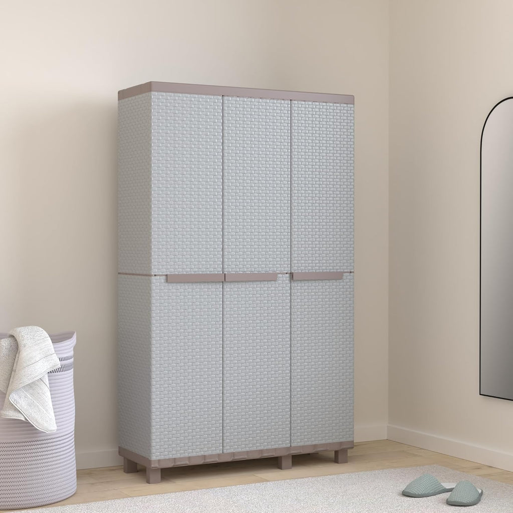 Terry - C-Rattan 102a, Armoire d'Intérieur et d'Extérieur Multifonction, 3 Portes à Effet Rotin, 2 Compartiments Intérieurs Séparés