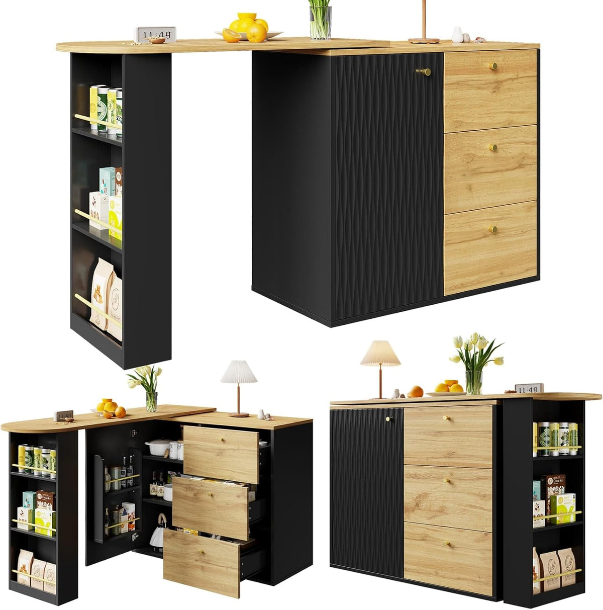 KOMHTOM Table de Bar Extensible avec Espace de Rangement(138-204 x 39 x 104 cm), Table à Manger Pivotante à 360°, 3 Tiroirs et étagères latérales