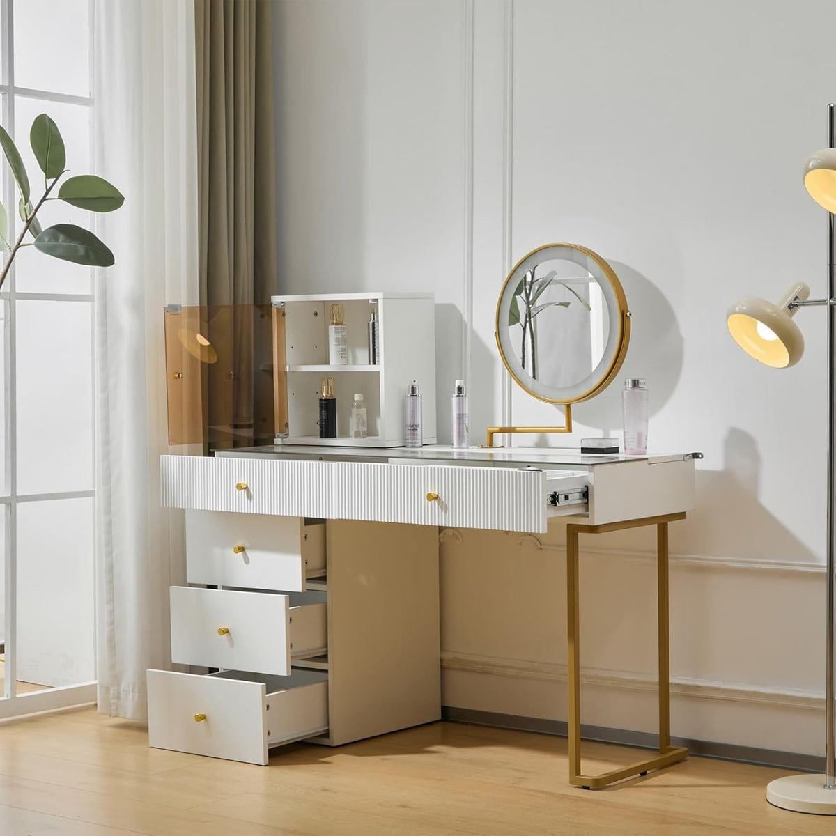 PUGSDRLY Coiffeuse 100x40x78cm avec Miroir et Tiroirs,Offrant Un Vaste Espace de Rangement Compartimenté Tabouret Non Inclus