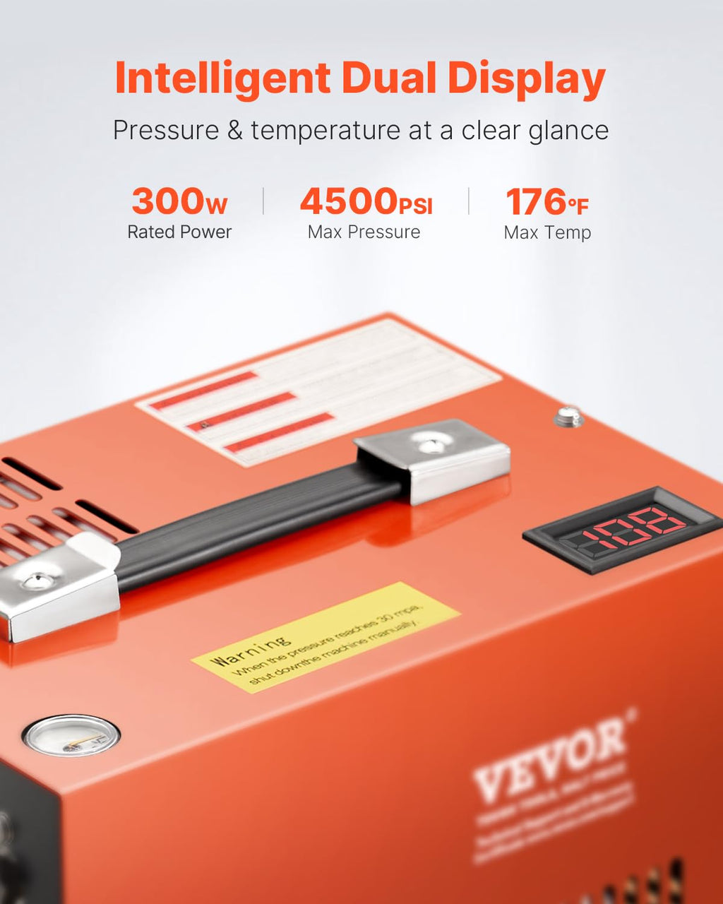 VEVOR Compresseur d'air portable PCP, 300 W 30 MPa, avec convertisseur intégré et système de refroidissement par ventilateur, arrêt manuel, pompe réservoir de paintball sans huile pour pistolet à air