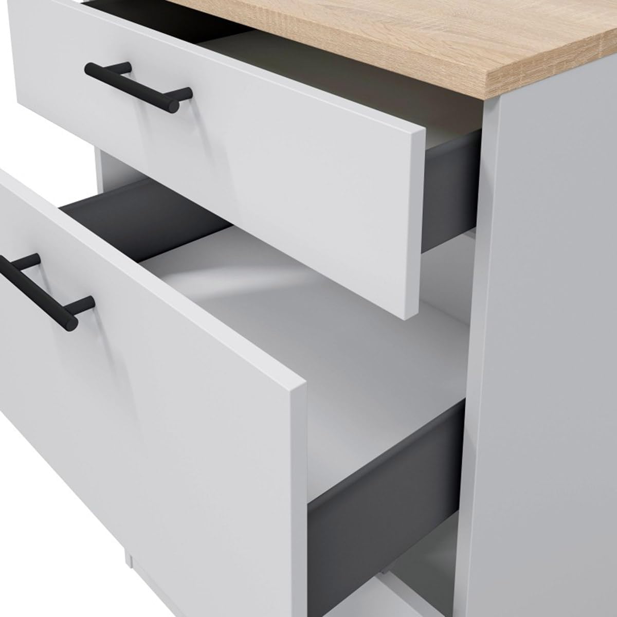 PEGANE Meuble Bas de Cuisine de 3 tiroirs avec Plan de Travail Coloris Blanc Brillant/chêne Canadien - Hauteur 90 x Longueur 60 x Profondeur 60 cm