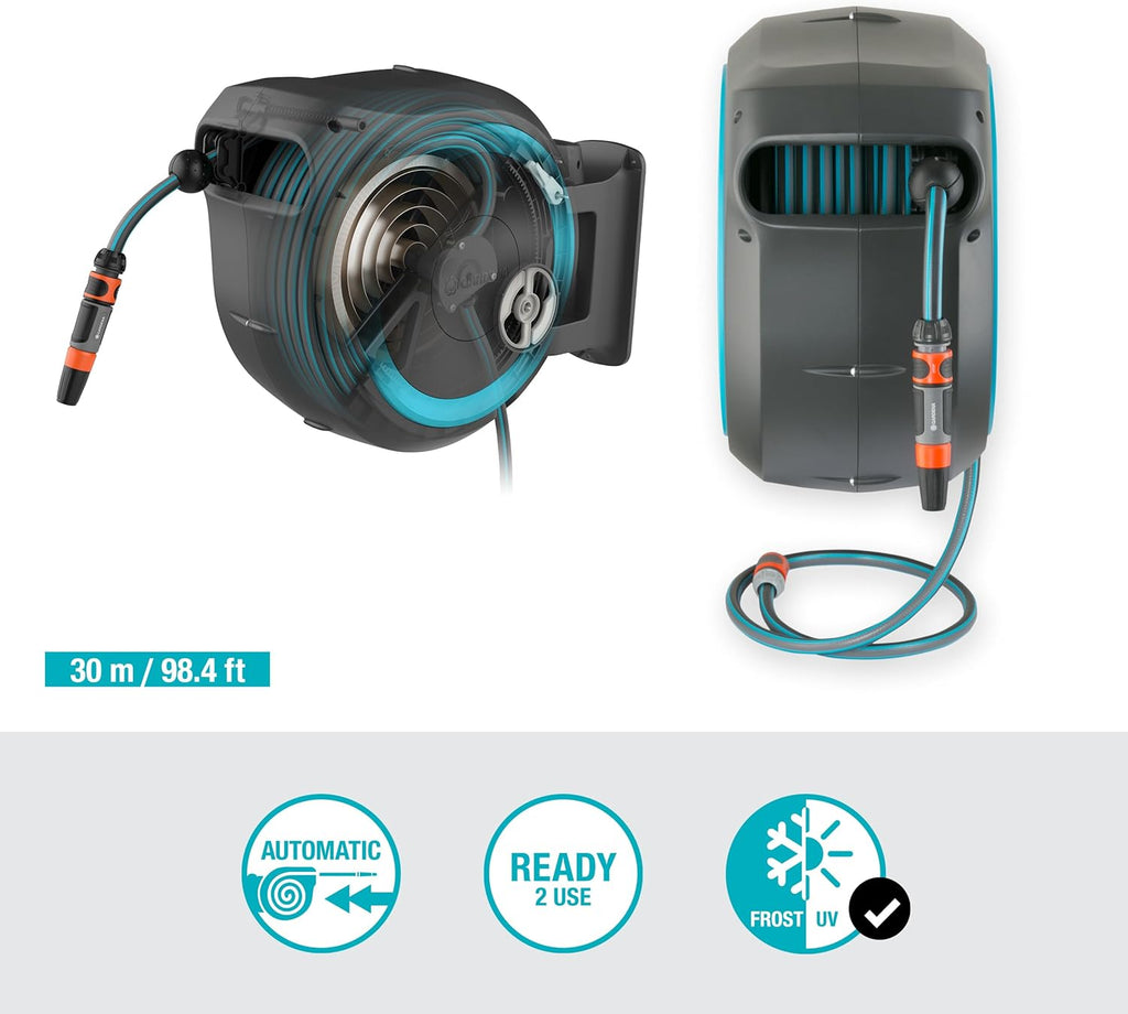 GARDENA Devidoir automatique mural RollUp L liseret bleu - Longueur 30m - O13mm - Kit complet - Garantie 5 ans 18625-20
