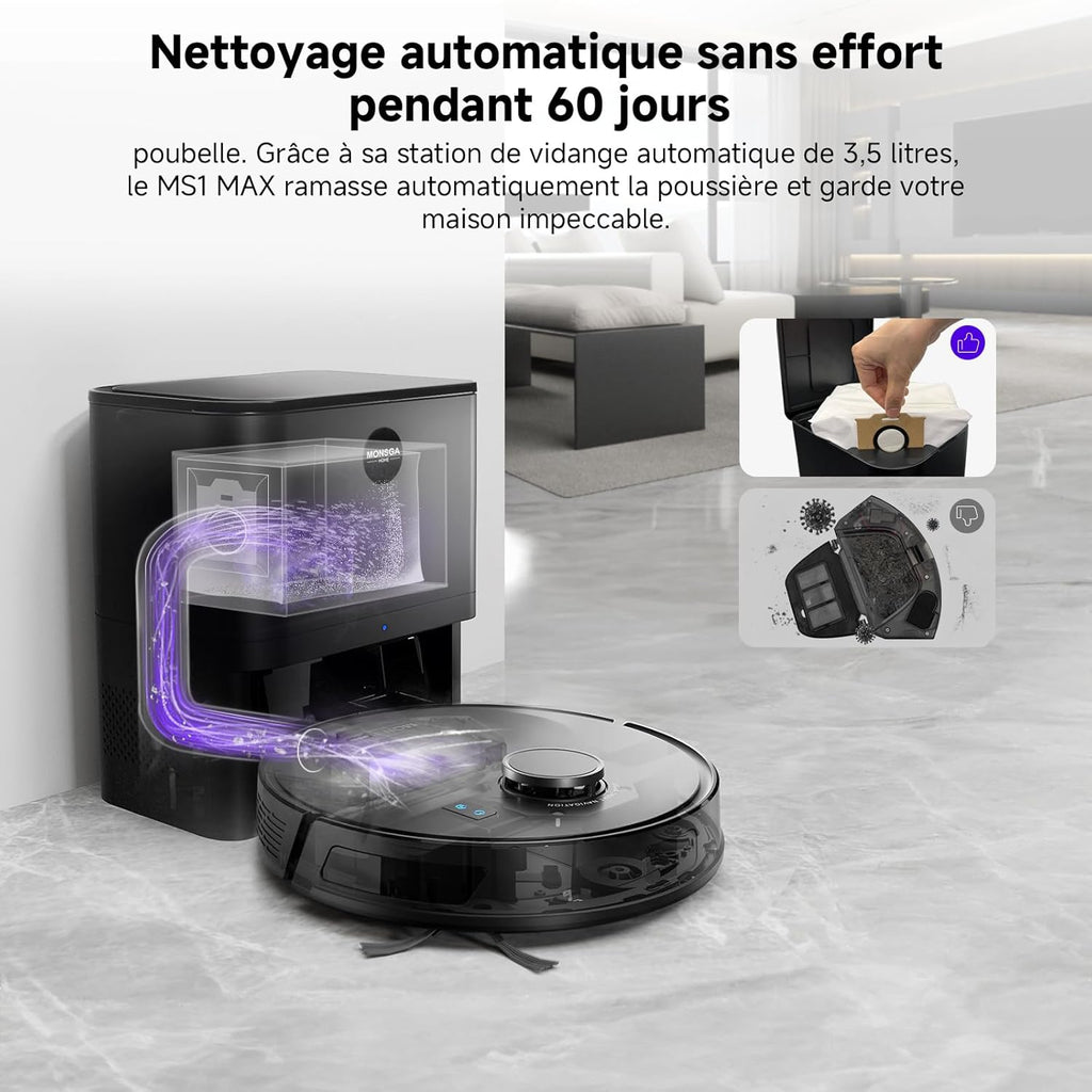 MONSGA Aspirateur Robot Laveur 5000Pa Aspiration avec Station & 3.5L Collecteur de Poussière, 180min, Navigation LiDAR & Cartographie, Idéal pour Tapis Poils d'animaux, App