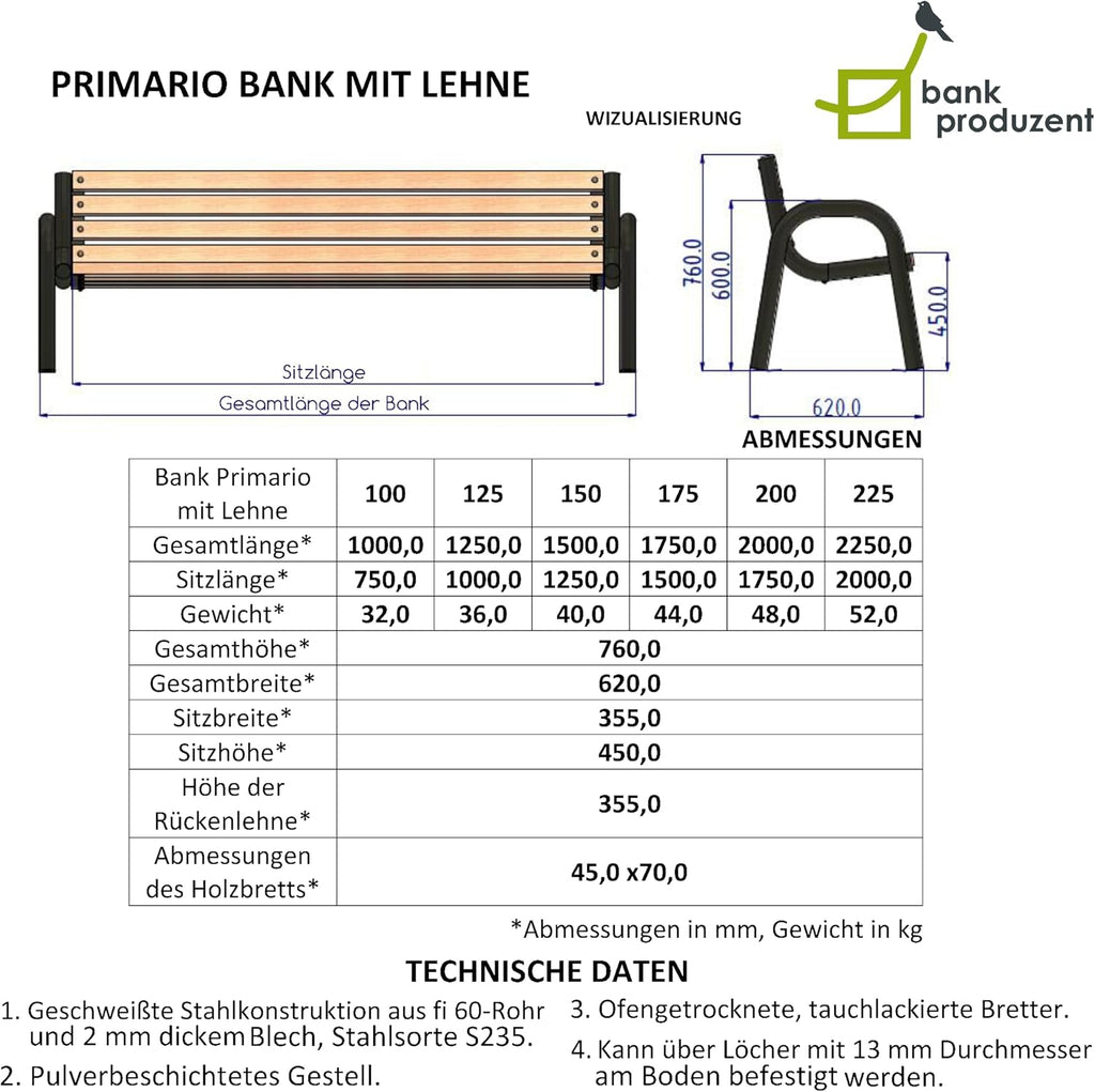 Primario Grande Banc de jardin, banc de parc, en bois, meubles de jardin, avec capacité de charge de 350 kg, résistant aux intempéries, design scandinave Primario noyer, 200 cm, longueur totale du