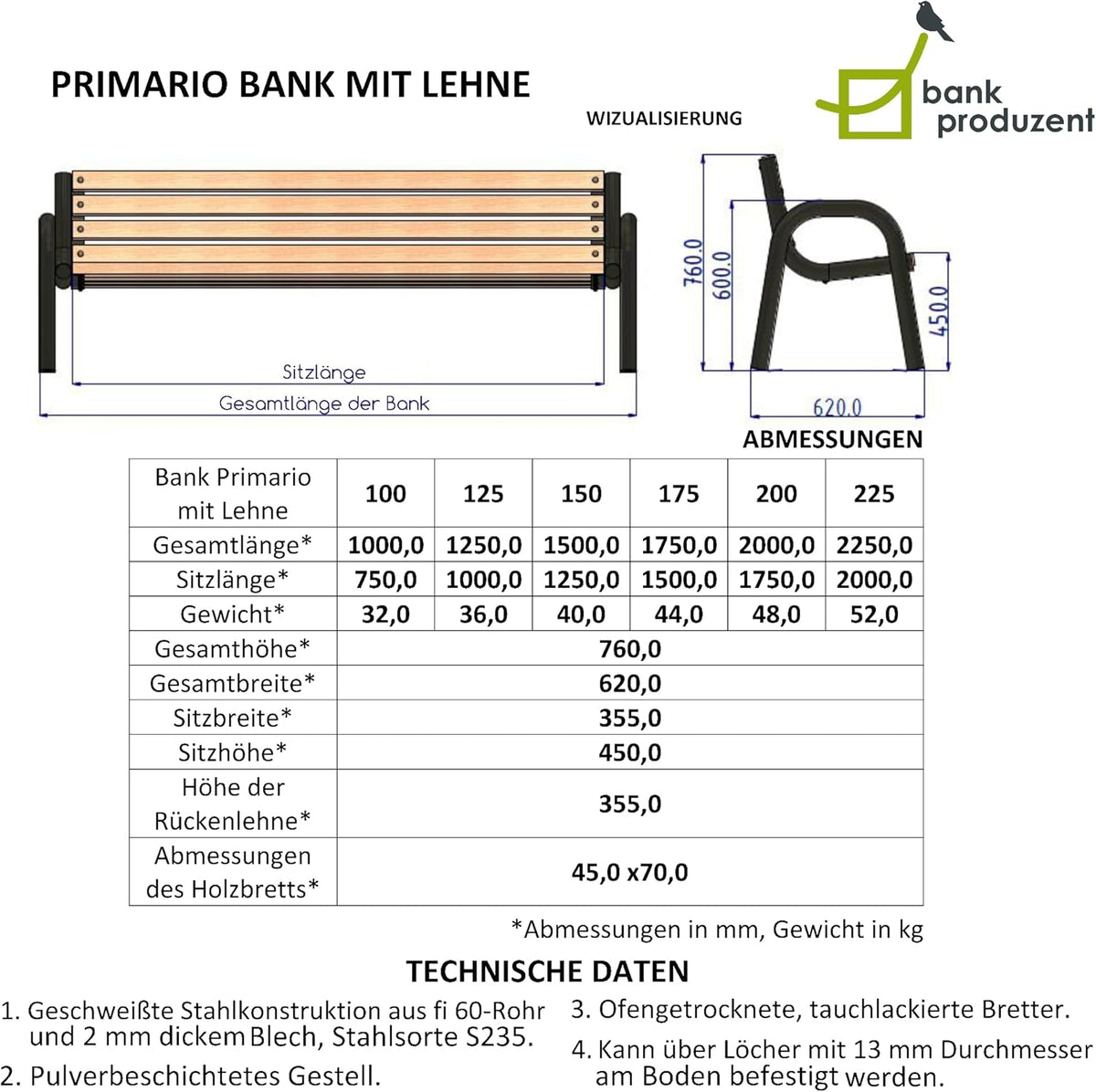 Primario Grande Banc de jardin, banc de parc, en bois, meubles de jardin, avec capacité de charge de 350 kg, résistant aux intempéries, design scandinave Primario noyer, 200 cm, longueur totale du