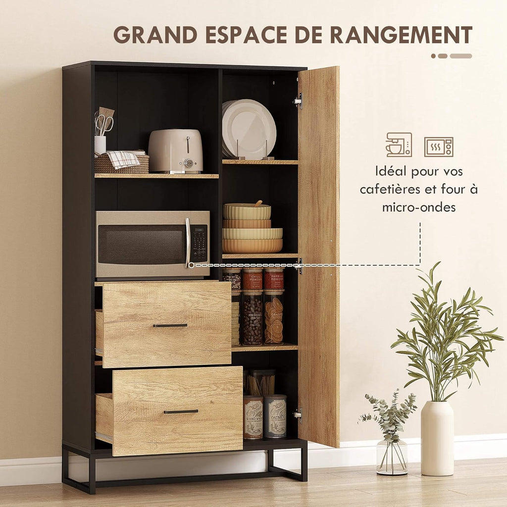 HOMCOM Buffet haut cuisine, armoire de cuisine, vaisselier, 2 tiroirs, placard à porte, 2 niches ouvertes, étagères réglables, meuble de rangement moderne, pieds en acier, 88x35x160cm, noir et naturel