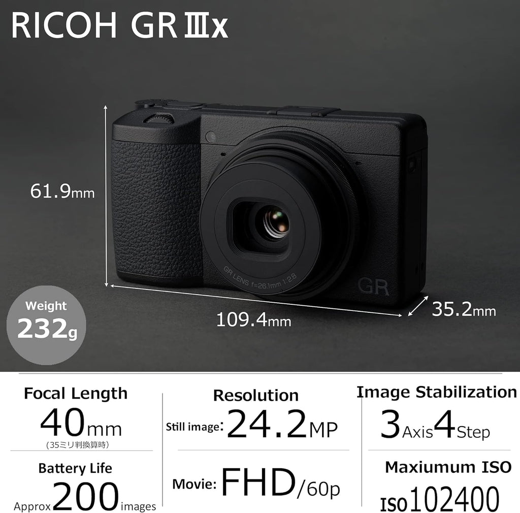 Ricoh GR IIIx Appareil Photo numérique [Focale 40mm] [Equipé d'un capteur CMOS APS-C de 24.2M] [La référence en matière de Prises de Vue instantanées] Noir