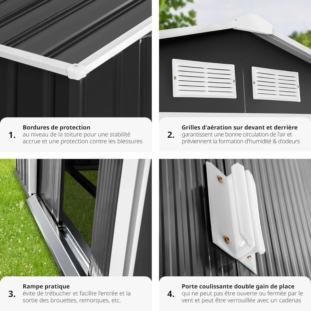 tectake Abri de Jardin en métal Cabane de Jardin à Outils en Métal Toiture 2 pans avec Fondation, Rangement et Stockage extérieurs Moto, Vélo, Tondeuse, Brouette, Outils de Jardinage 214x130x185 cm