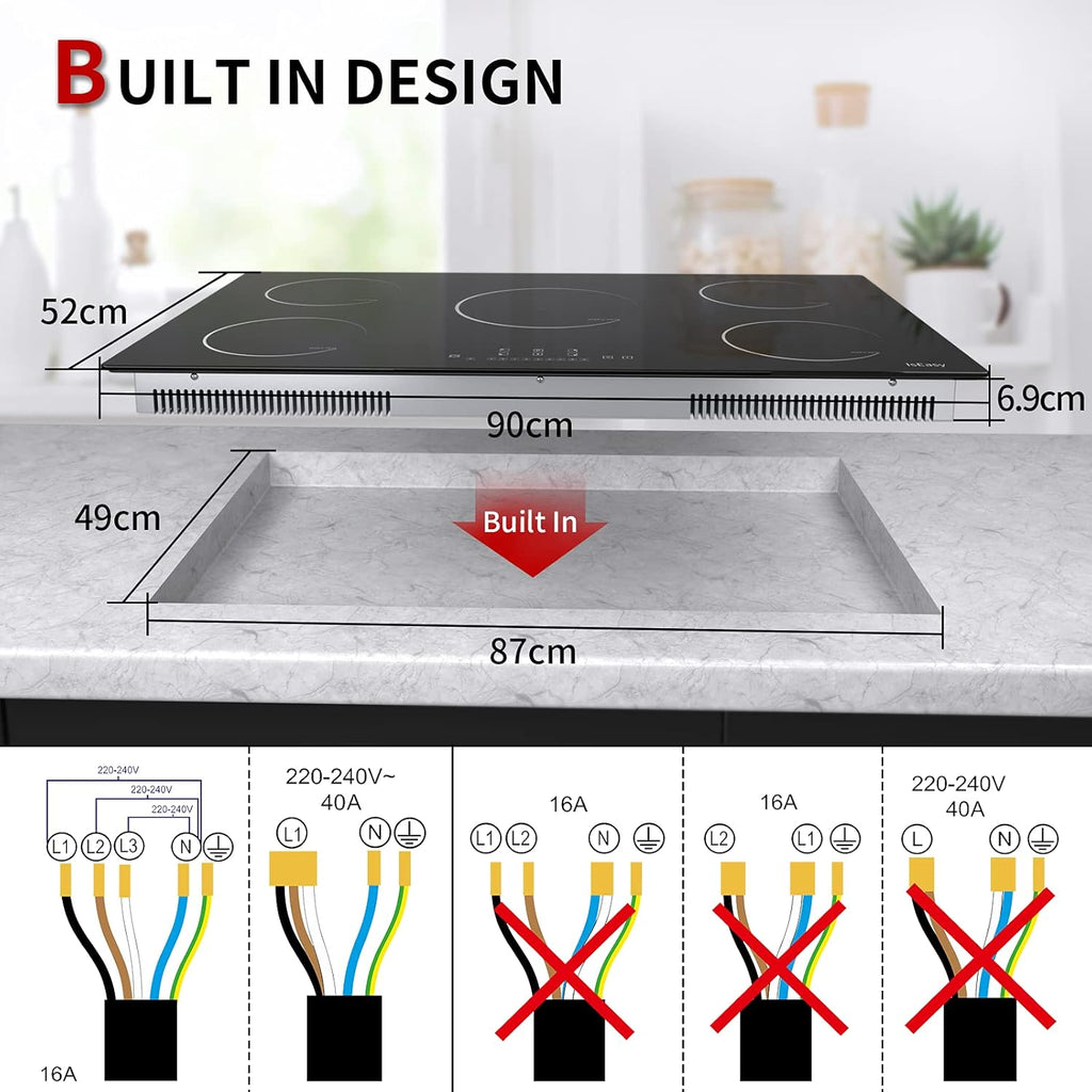 IsEasy Plaque Induction 5 Feux, Plaque de Cuisson Induction 5 Foyers, Encastrable, 8600W, Booster, Minuterie, Commande Tactile, Verrou Enfants, 90cm