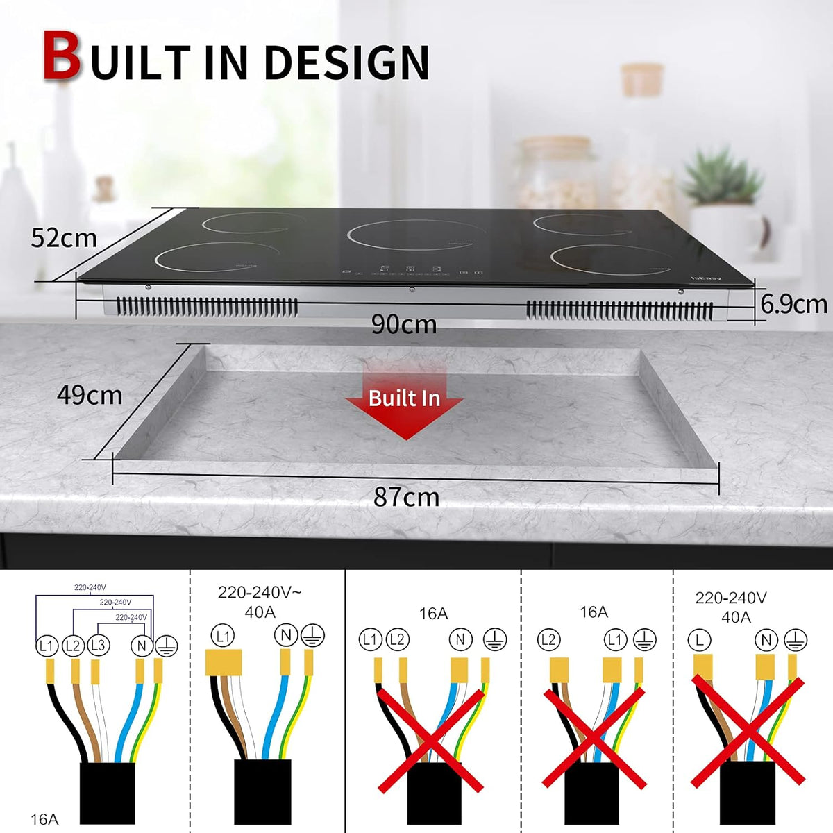 IsEasy Plaque Induction 5 Feux, Plaque de Cuisson Induction 5 Foyers, Encastrable, 8600W, Booster, Minuterie, Commande Tactile, Verrou Enfants, 90cm