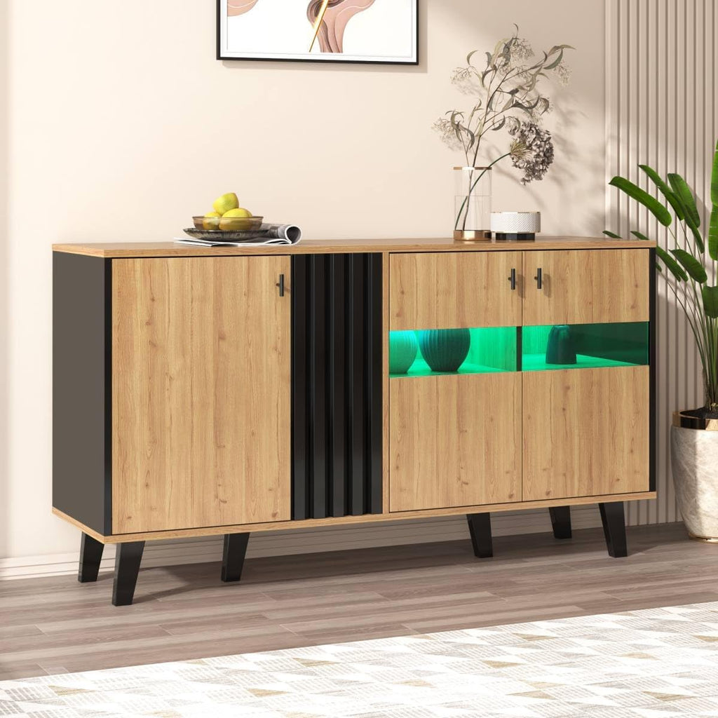 Sweiko Buffet, commode pour salon avec éclairage LED et verre, placard de cuisine avec 3 portes, en bois et noir, buffet pour salle à manger, entrée et couloir (Noir et Naturel)