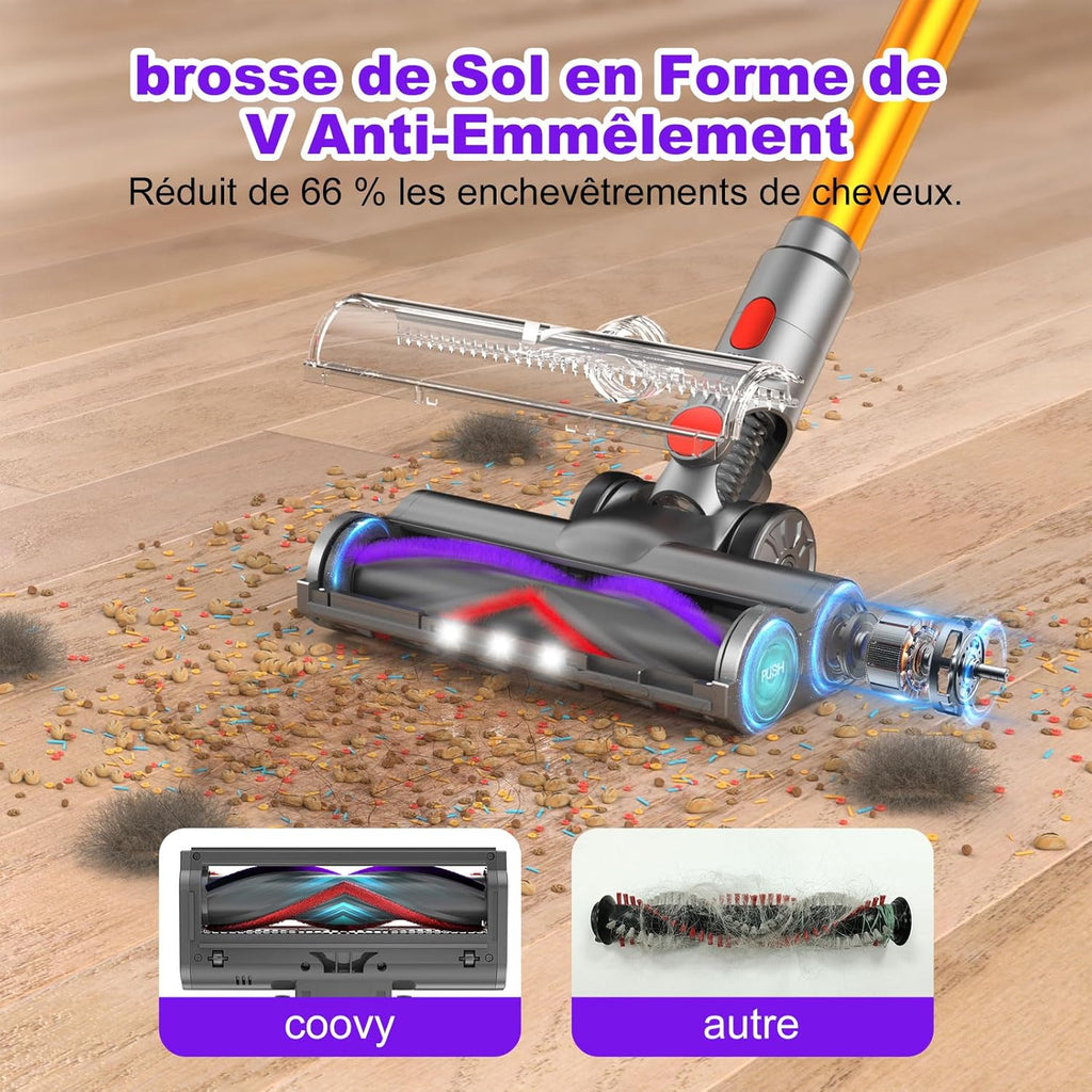 coovy SU7 Aspirateur Balai sans Fil 580W/55Kpa/75Mins, Aspirateur sans Fil Puissant, Chargement Mural, Écrans Tactiles LED, 1,3L Capacité, pour Sols Durs/Tapis/Les Poils d'animaux