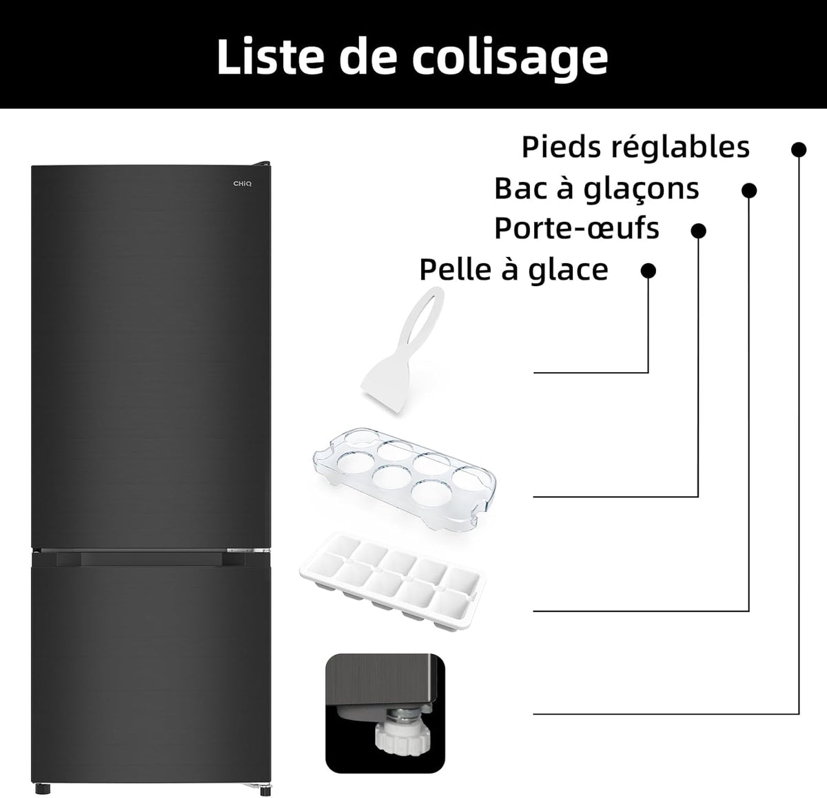 CHIQ Réfrigérateur congélateur FBM205L42-205L (153 + 52),Classe énergétique E, 39 dB, Acier noir, Low frost, Portes réversibles