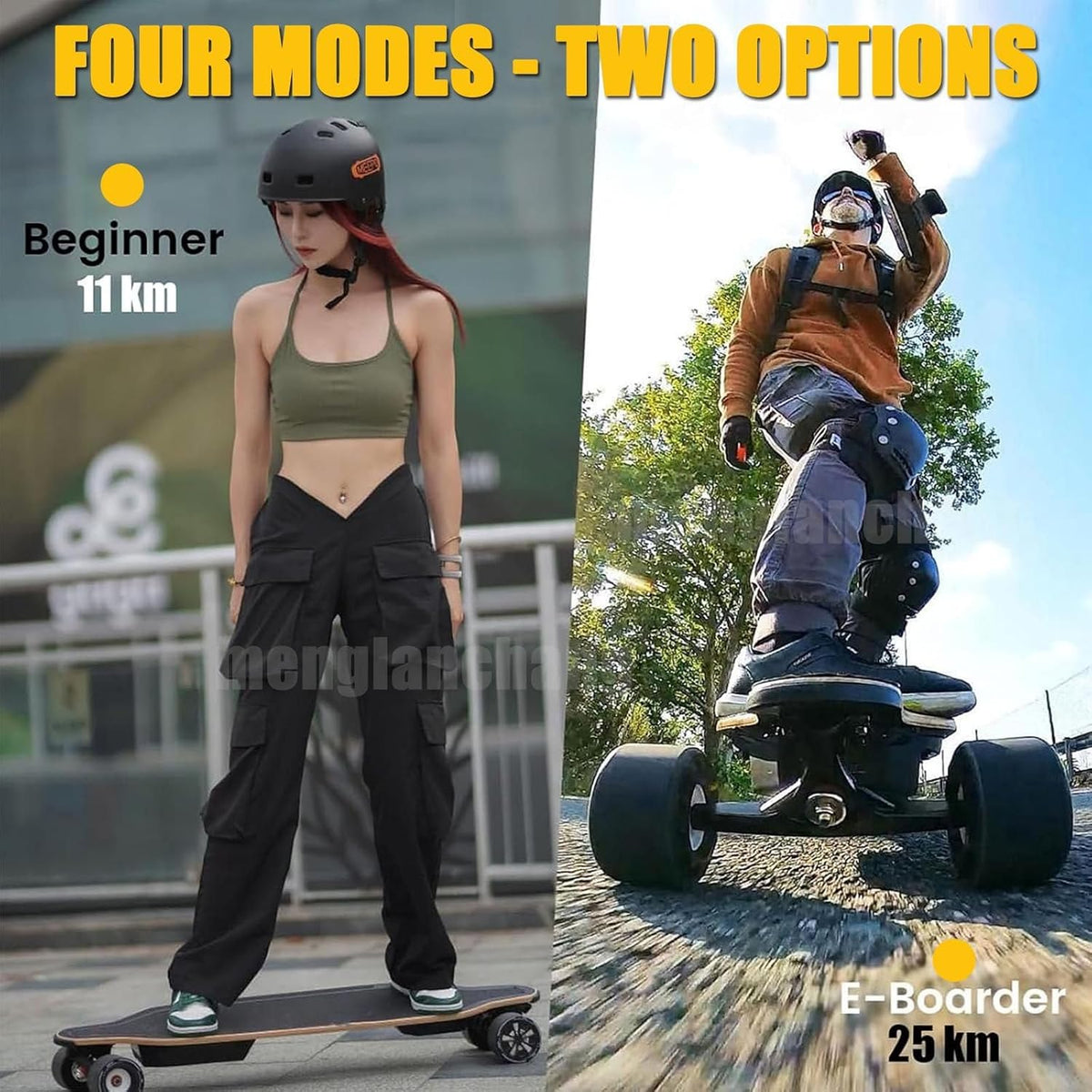 menglanchang Longboard éLectrique avec TéLéCommande:Vitesse Maximale 20/25Km/H,Autonomie 8/15/22/30km,4 Vitesses,Roues Absorbant Chocs Et PoignéE Transport,Skateboard éLectrique pour Campus,Ville 8km