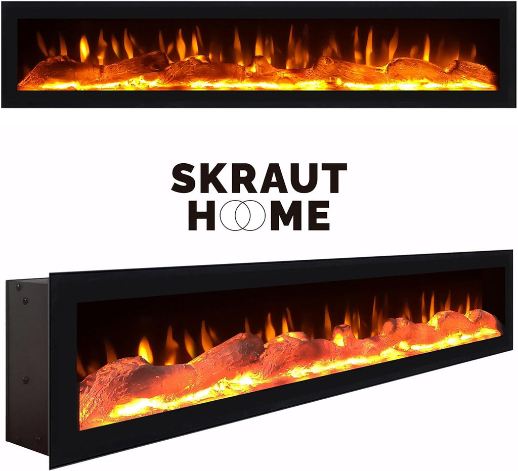Skraut Home | Meuble TV | Banc Télé | Grand Espace de Rangement | 200x45x35cm | pour Les TV jusqu'à 80" | Cheminée électrique | Style Moderne | Blanc et Noir