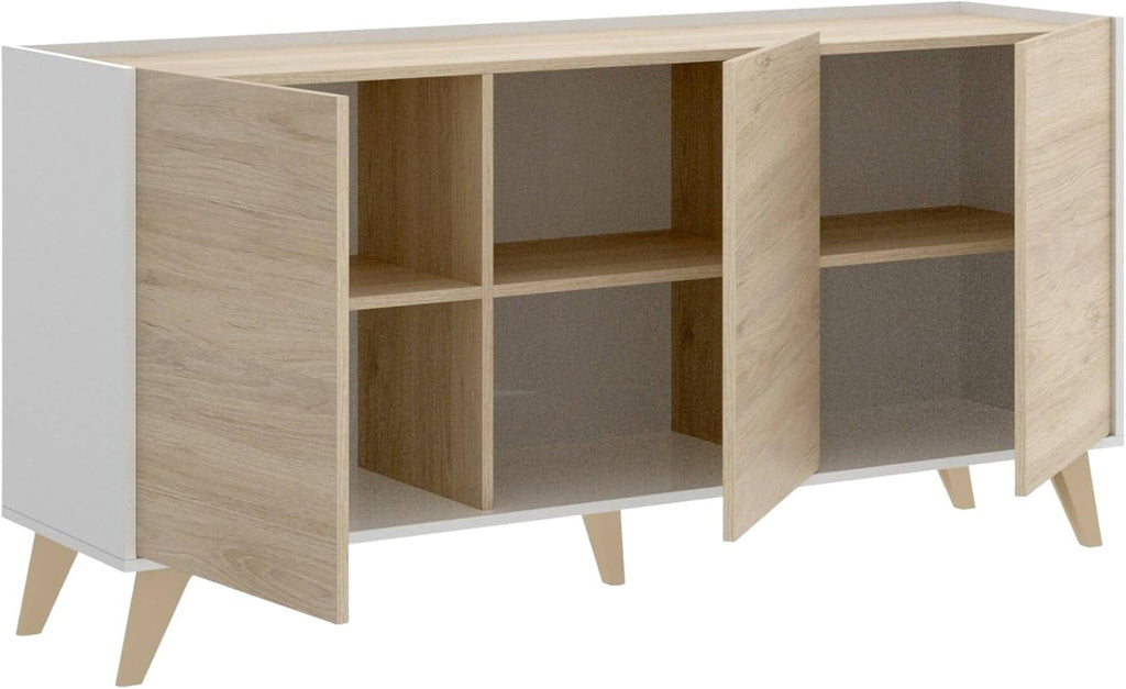 Dmora - Buffet Salon Moderne 3 Portes 155x43h75 cm Chêne Blanc