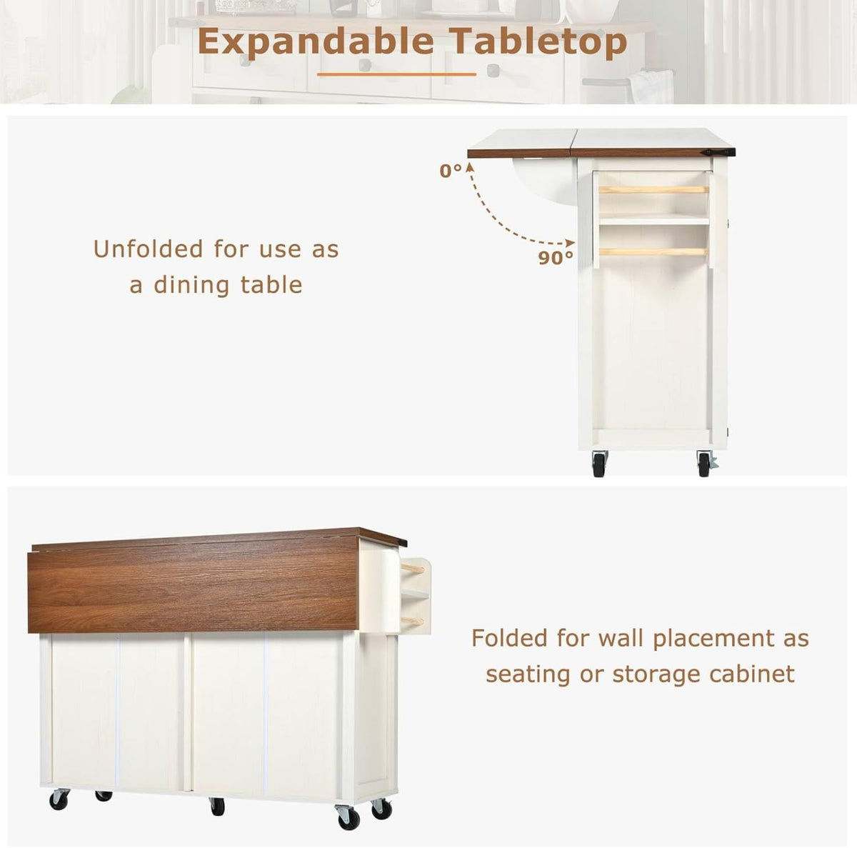 PUGSDRLY Desserte de Cuisine à Roulettes, Buffet Meuble avec 2 Tiroirs et 4 Portes, Armoire de Cuisine, Plateau de Table Pliable