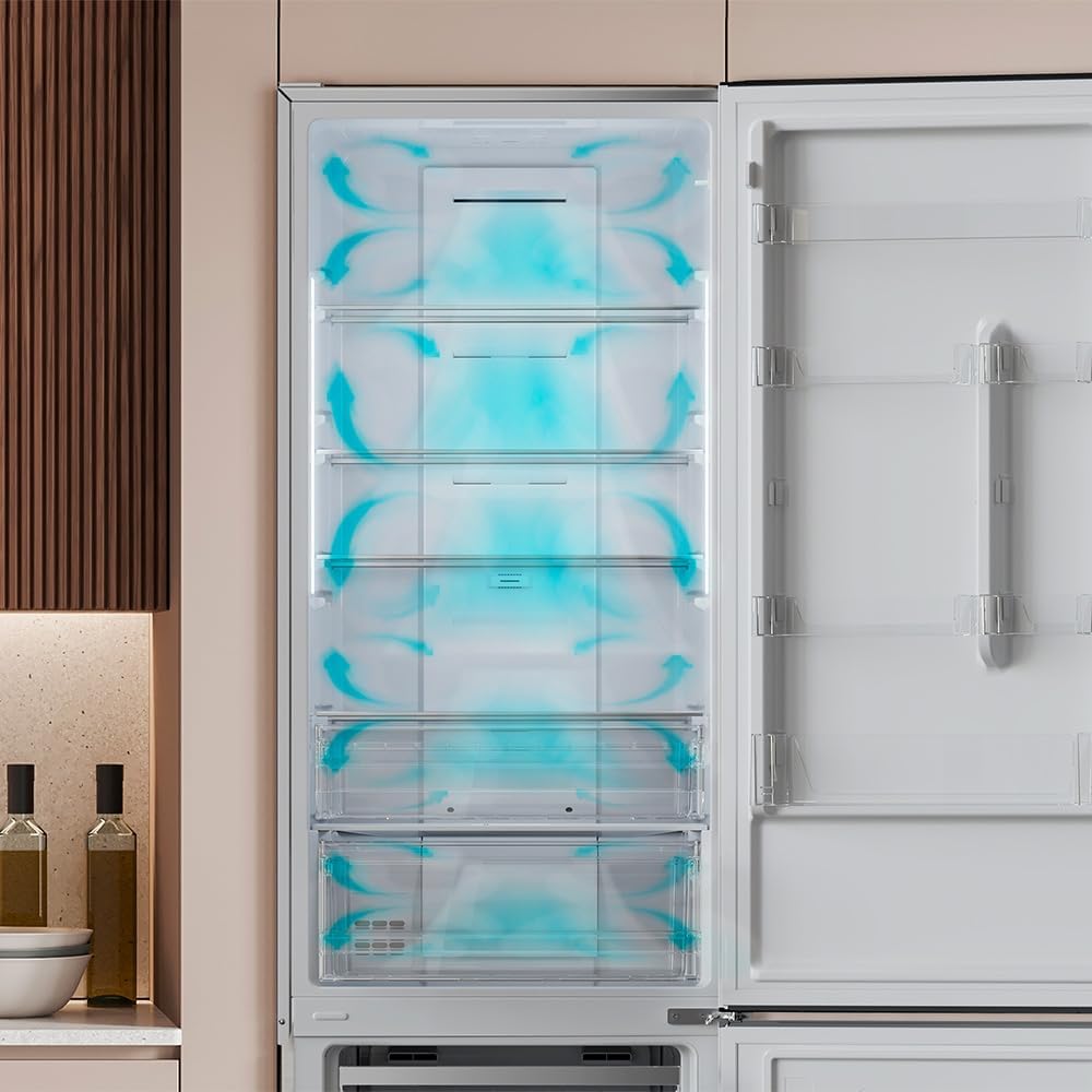 Cecotec Réfrigérateur combiné Bolero CoolMarket Combi 356 White Glass E. 356L, Total No Frost, Multi Airflow, Mode Vacances, Humidity Box, porte réversible, alarme de porte.