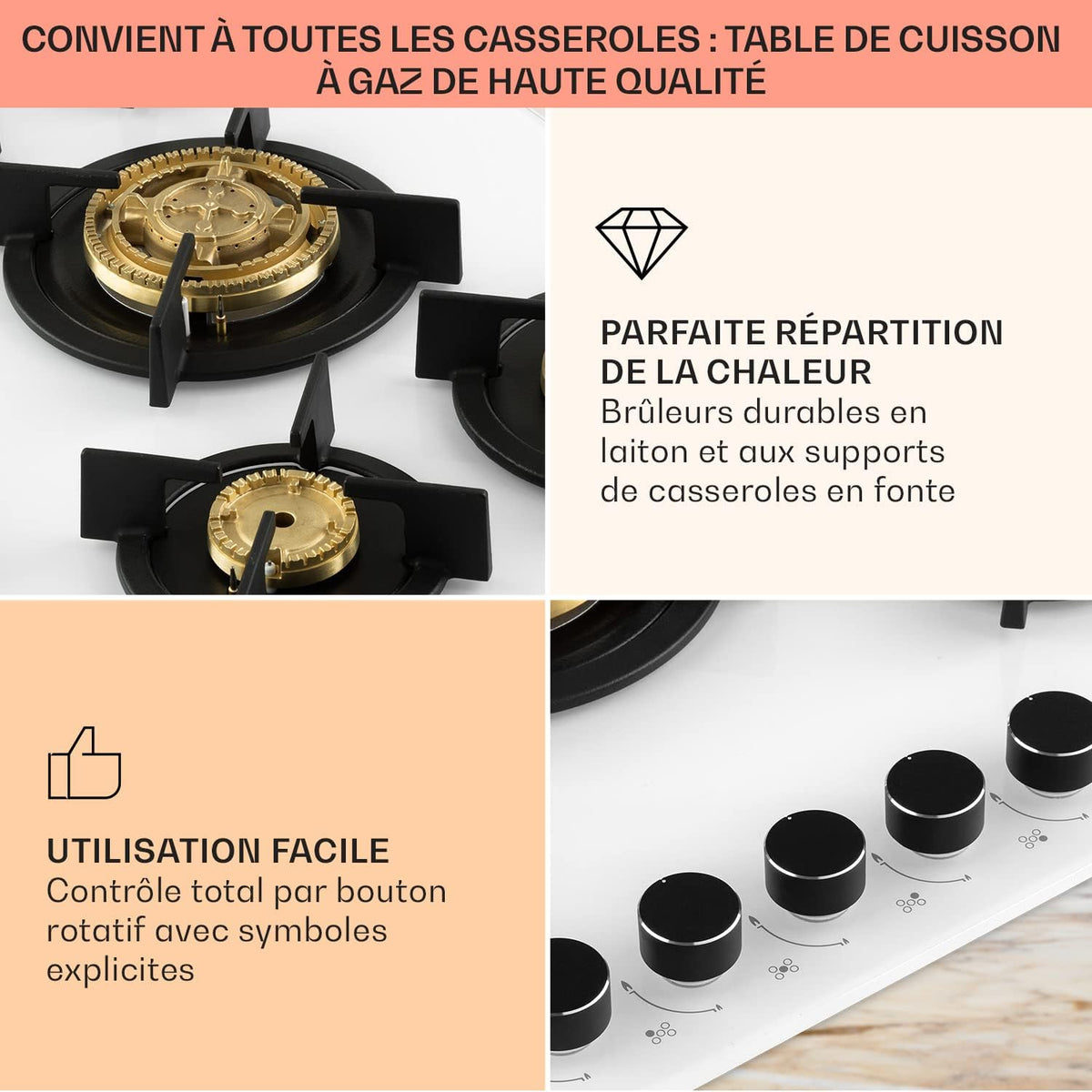 Klarstein Table de Cuisson à Gaz 5 Brûleurs, Plaque Électrique 5 Feux 10400W, Cuisinière Avec Brûleurs en Acier Inoxydable, Compatible GPL