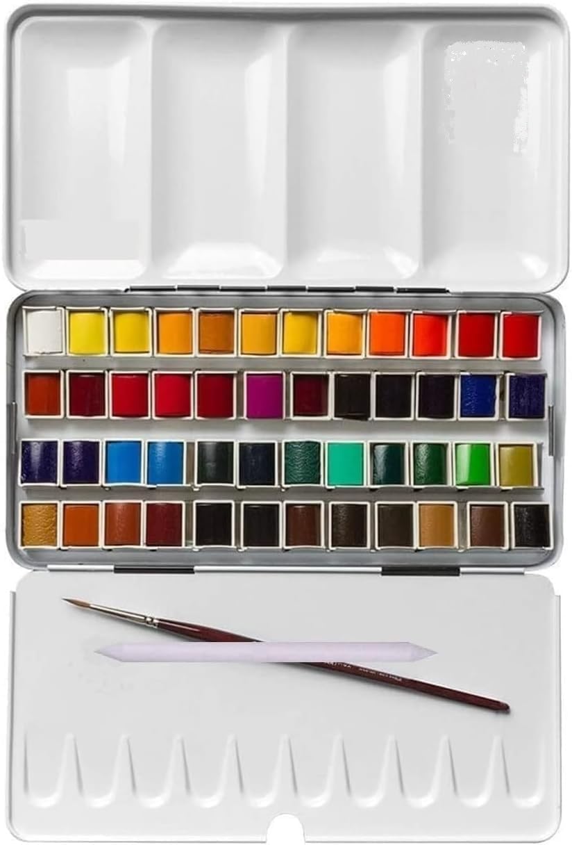 Sennelier Boîte de Peinture Aquarelle Extra-Fines,48 demi-godets Boîte en métal(36 +12) avec 2 pinceaux + 2 cartes postales et estompe EMI CRAFT