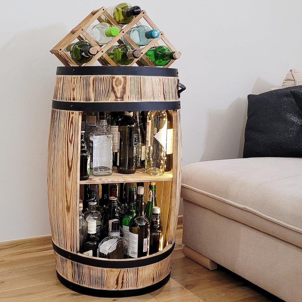 weeco Tonneau en Bois Multifonctionnel avec Éclairage LED – Bar à Vin et Casier à Bouteilles – Meuble Rustique pour Rangement de Verres et Alcools 80x50cm