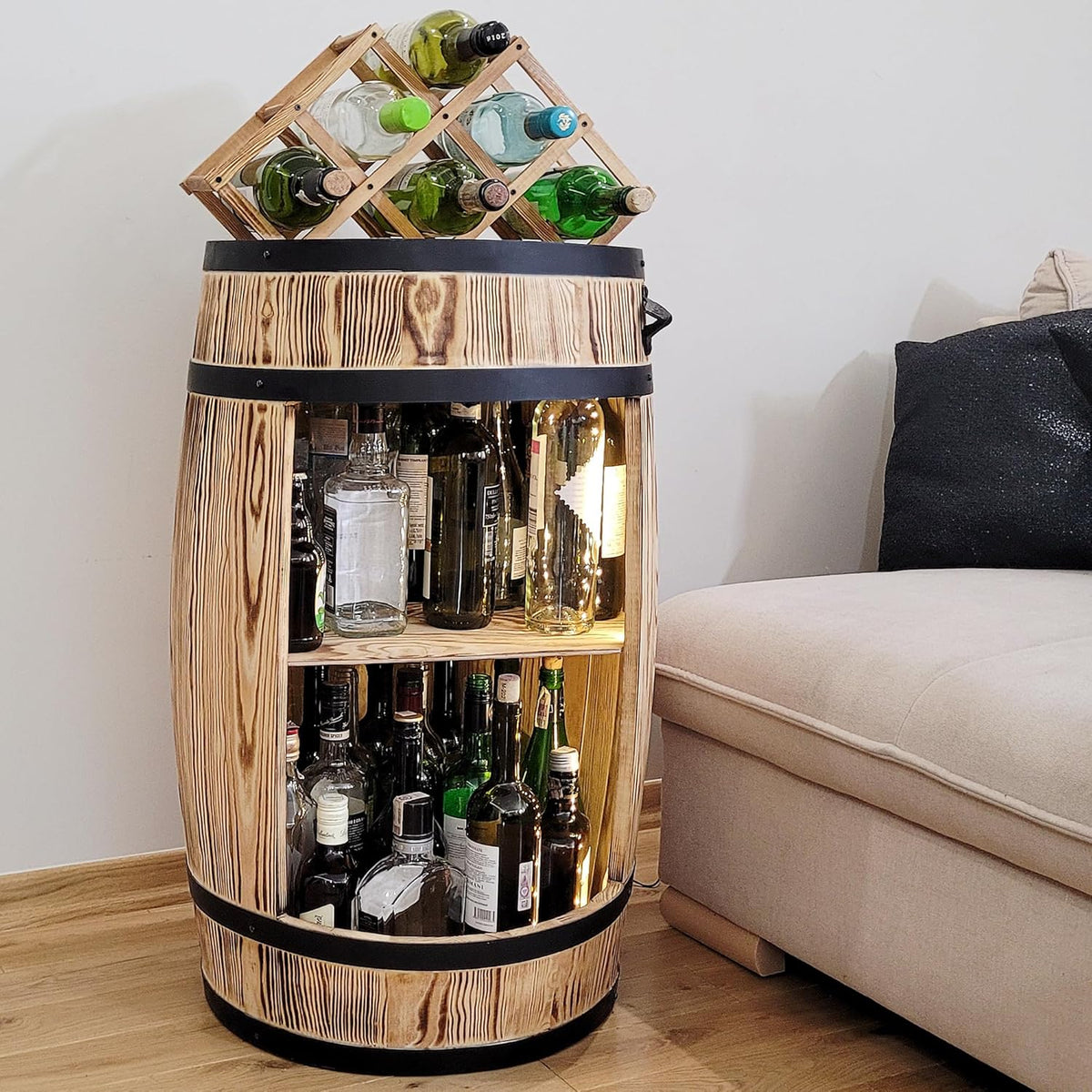 weeco Tonneau en Bois Multifonctionnel avec Éclairage LED – Bar à Vin et Casier à Bouteilles – Meuble Rustique pour Rangement de Verres et Alcools 80x50cm