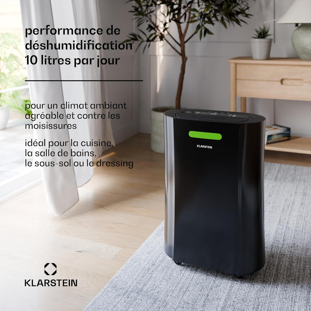 KLARSTEIN AeroDry 10l Déshumidificateur d'air - 165 W, 10 L/24 h, réservoir 2,5 L, Seulement 37 DB, Filtre à Charbon Actif, Fonction DrySelect, Noir