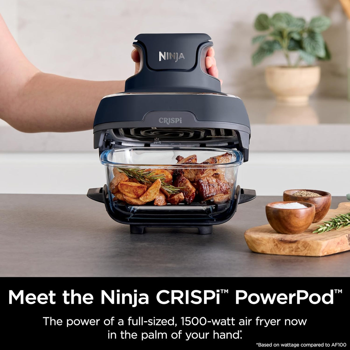 Ninja Crispi Friteuse à air, passe au micro-ondes, au congélateur et au lave-vaisselle, système de cuisson portable en verre non toxique, récipient en verre de 1,5 l et 6 tasses avec couvercles
