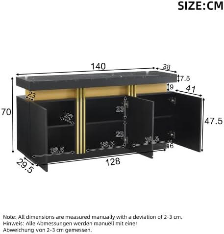 muenfly Buffet moderne avec 3 portes et plan de travail marbré, meuble TV de 140 cm avec tiroirs et compartiments réglables, polyvalent comme armoire de couloir ou commode pour le salon